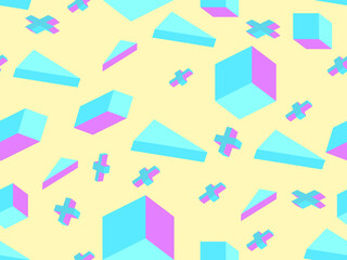 Memphis seamless pattern. Geometric elements memphis in the style of 80's. Background with  isometric 3d objects, virtual reality for promotional products, wrapping paper. Vector illustration