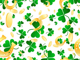 Gold coins and clover with golden horseshoes seamless pattern for St. Patrick's Day. Festive background for advertising products, postcards and printing. Vector illustration