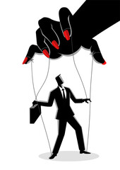 Businessman being control by a woman puppeteer