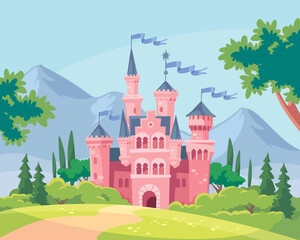 Obraz na płótnie Canvas Vector illustration for children with fairy pink castle. Medieval fairytale magical magic fortress fort royal palace.