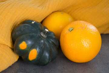 Acorn squash close up photo. Fresh fruits and vegetables on a table. Healthy eating concept. 