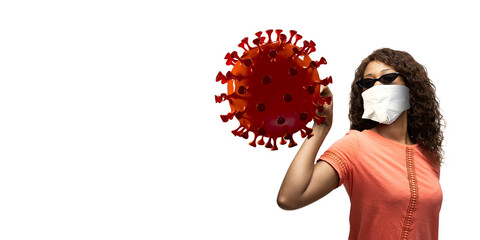 Woman in protective face mask on white background. New rules of COVID prevention. Copyspace for ad. Pandemic, healthcare and medicine, coronavirus concept. 100 Days with mask, 3D model or virus