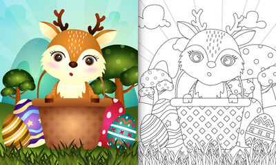 coloring book for kids themed happy easter day with character illustration of a cute deer in the bucket egg