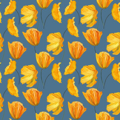 Fototapeta na wymiar Hand-drawn gouache floral seamless pattern with the yellow poppy flowers on blue background, Natural repeated print for textile, wallpaper.