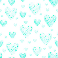 Mint  heart  dots seamless pattern isolated on white . Love fashion illustration.Valentines day background. Hearts background for fabric, textile, wrapping.