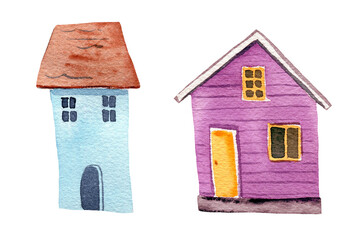 Watercolor illustration set of cute cozy houses