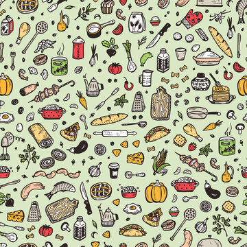Cooking Vector Seamless Pattern. Hand drawn doodle Food and Kitchen utensils.
