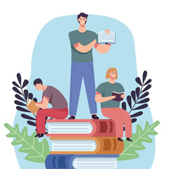 Fototapeta premium group of readers in pile books characters