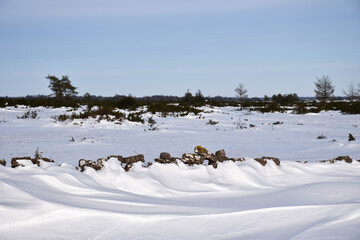 Snowdrift by an old dry stone wall