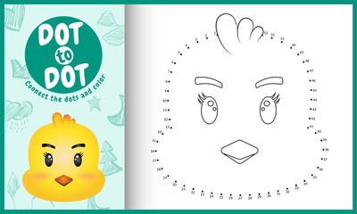 Connect the dots kids game and coloring page with a cute face chick character illustration