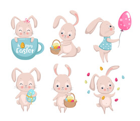 Happy Easter. Set of cute bunnies. Elements for greeting, invitation card. Vector illustration EPS10