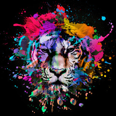 lioness head with creative abstract elements on colorful background