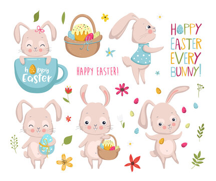 Set of Easter elements with bunny, eggs, flowers. Hoppy Easter every bunny Vector illustration