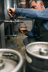 brewer working in his craft beer brewery. he is pouring the beer in a glass