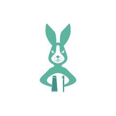 Green rabbit logo with a tube of toothpaste and a brush. Emblem for advertising a pet shop, clinic, products for animals. Vector illustration.Flat design..