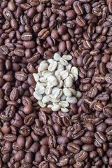 Close up of roasted and unroasted coffee grains