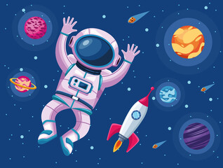 astronaut with planets and rocket space universe scene © Jemastock