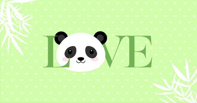 Cute baby panda face with Love typography text. The baby face is like beating heart. Animation made in 4K cartoon vector design. For Baby shower, celebration, invite, postcard...