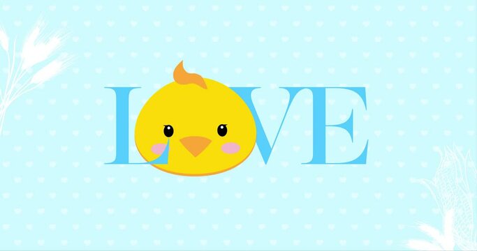 Cute baby chick face with Love typography text. The baby face is like beating heart. Animation made in 4K cartoon vector design. For Baby shower, celebration, invite, postcard...