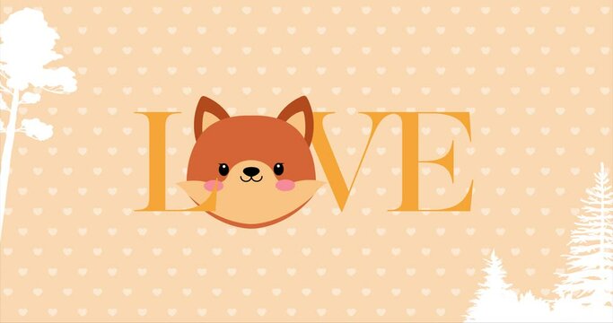 Cute baby fox face with Love typography text. The baby face is like beating heart. Animation made in 4K cartoon vector design. For Baby shower, celebration, invite, postcard...