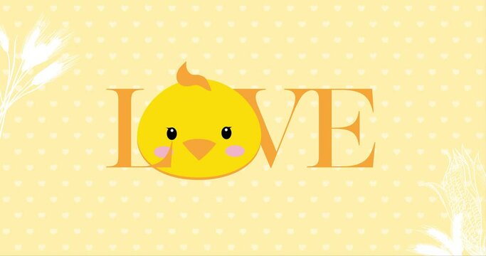 Cute baby chick face with Love typography text. The baby face is like beating heart. Animation made in 4K cartoon vector design. For Baby shower, celebration, invite, postcard...