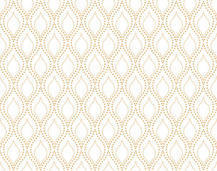 The geometric pattern with wavy lines, points. Seamless vector background. White and gold texture. Simple lattice graphic design
