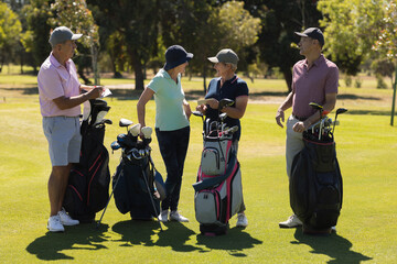 Four caucasian senior men and women holding golf bags and talking