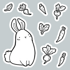 Cute rabbit and seasonal vegetables. Beets, carrots, lettuce. Stickers. Coloring page. 