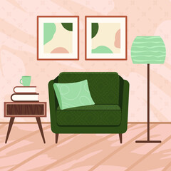 Stylish apartment interiors in Scandinavian style with modern decor. Cozy furnished living room. Cartoon flat vector illustration. Bright, stylish and comfortable furniture with indoor plants. 