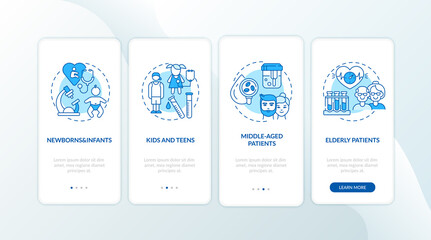 Health monitoring age groups onboarding mobile app page screen with concepts. Babies, teens, old patients walkthrough 4 steps graphic instructions. UI vector template with RGB color illustrations