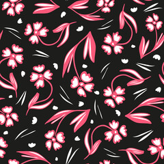 Random placed folkloristic vector flowers as cropped seamless pattern with black background.