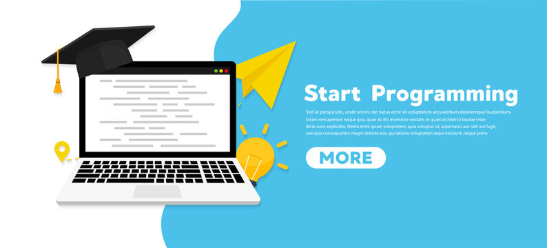 Programming courses and coding on computer. Vector flat illustration.