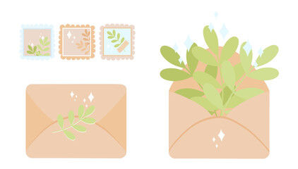 Envelopes, stamps, plants. Vector postage, illustrations of envelopes with sprigs of plants and stamps in pastel colors, blue, beige, brown, scalable to any size. For greeting cards, notebooks,sticker