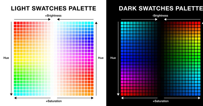 Light and dark color chart palettes with 1374 swatches for your corporate visual branding and marketing assets. Multicolored swatches collection for boost your designs and illustrations