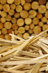 Stacks of firewood. Prepared firewood for the winter. Cuts of wood.
