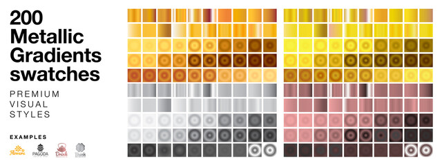200 radial and linear full color gradients with gold, silver, coper, metal, aluminium style. Vector fully editable gradients collection for any vector software. Colorful set of gradients palette
