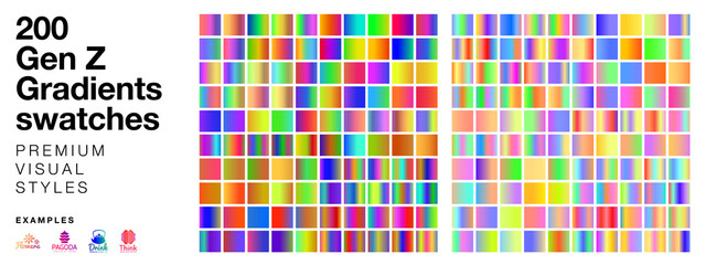 200 linear full color gradients gen Z style. Vector fully editable gradients collection for any vector software in modern color trend. Colorful set of gradients swatches palette