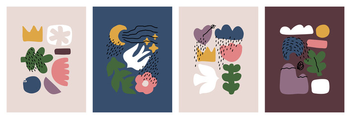 Set of abstract hand drawn doodle objects and various organic shapes. Modern collage for pre-made poster or print. Contemporary multicolored vector illustration. Editable stroke