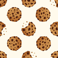Seamless pattern of tasty cookies with chocolate chips. Design elements for print, wrapping paper, fabric or textile. Flat vector illustration.