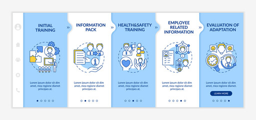 New employee orientation onboarding vector template. Responsive mobile website with icons. Responsibilities of job and experience of new worker. Webpage walkthrough step screens. RGB color concept