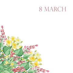 Watercolor hand painted nature holiday composition with yellow lime blossom, pink heather flowers and green leaves bouquet on the white background for women day greeting card with 8 march text