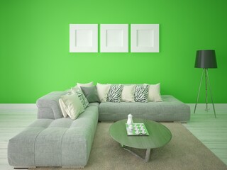 Mock up fashionable living room with a comfortable corner sofa and stylish green backdrop.
