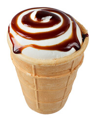Ice cream in a waffle cone with caramel isolated