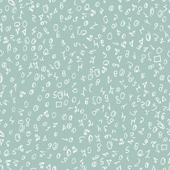 Pattern white doodles and numbers on grey, seamless for textile, fliers, brochures