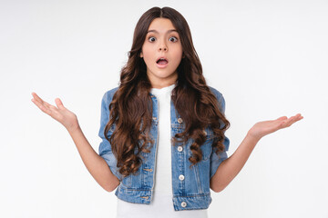 Surprised little caucasian girl in casual clothes isolated in white background