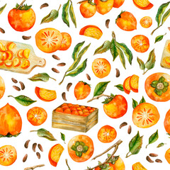 Seamless pattern with persimmon fruit, slices cut, branches, leaves, seeds,wood box, board. Isolated on white background. Perfect for printing on the fabric, design package and cover, farmers market