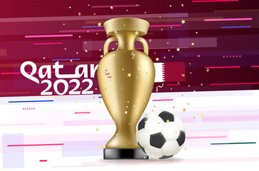 Champion shining trophy with golden confetti on abstract background and Qatar flag