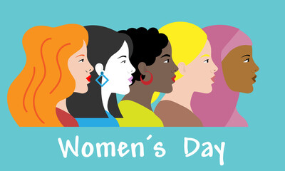 International women's day poster. Profile faces of different races