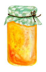 Glass jar with yellow jam (peach, plum, apricot, persimmon) and a green cloth on top. Watercolor hand-drawn element. Isolated on white.
