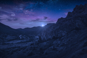 Majestic moonrise over the Crimea rocky valley